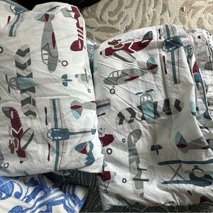 Pottery Barn Kids Airplanes Blue, Gray and Red Full Size fitted & Flat Sheet